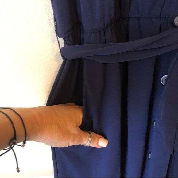 Max & Cleo Dress Women’s Size 4 Navy Ruffle Belted Button Down Midi Casual - Picture 4 of 8